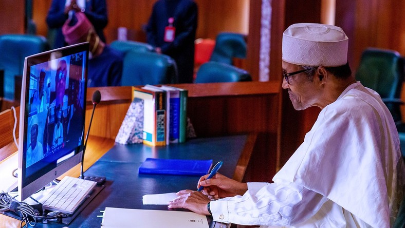 Buhari holds meeting with state Governors via video call. [Twitter/MBuhari]