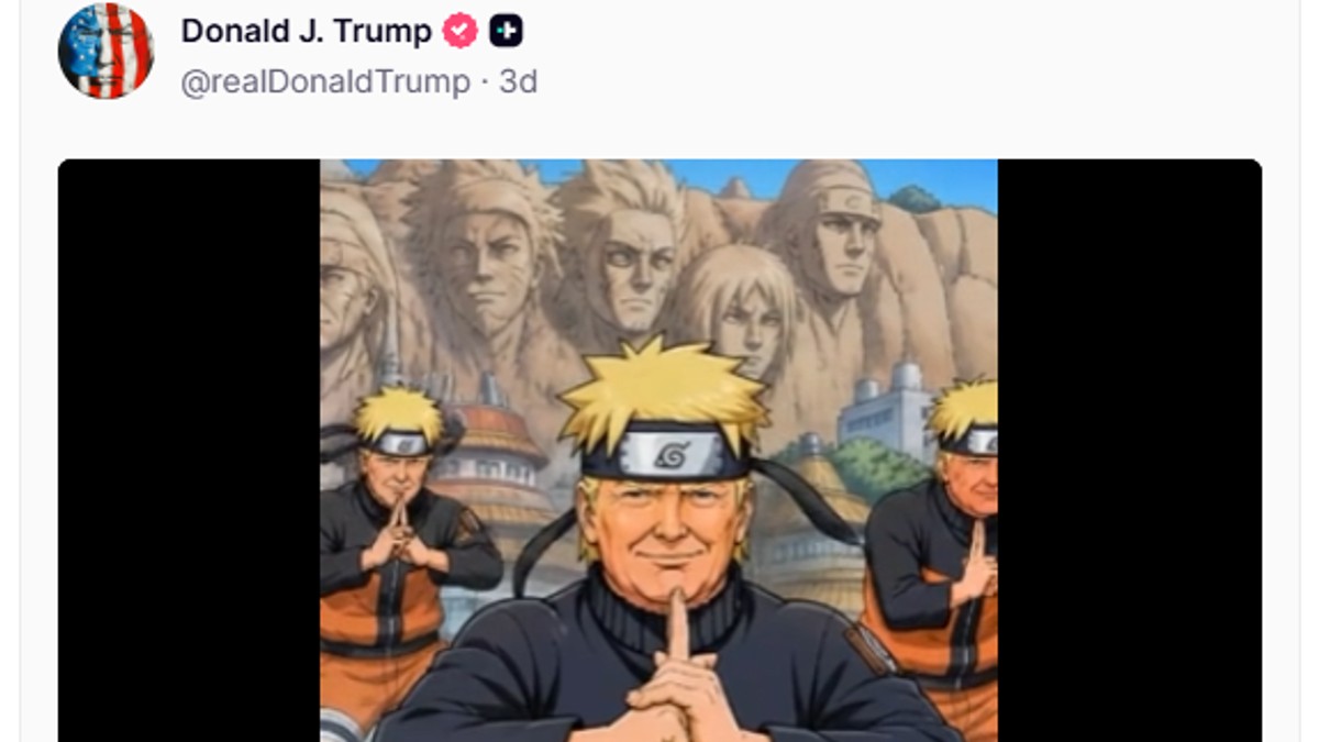 U jednoj od poslednjih objava, Tramp je objavio video u kojem je predstavljen kao Naruto, jedan od najpoznatijih likova japanske animacije. | Foto: Donald Trump/Truth Social