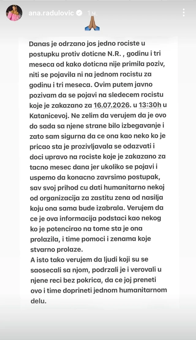 Nakon što se Gastozova bivša opet nije pojavila na suđenju, Ana Radulović joj se javno obratila: JAVNO DALA NEOČEKIVANO OBEĆANJE