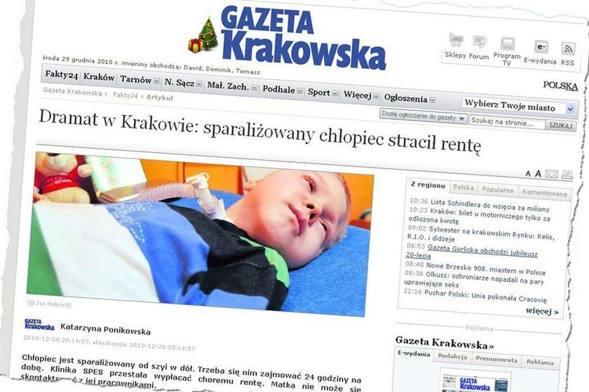 Sparaliżowany chłopiec stracił rentę