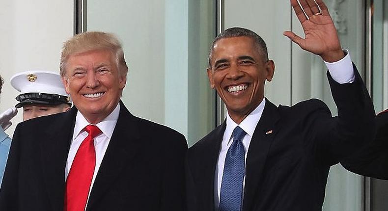 President Donald Trump and former President Barack Obama at the White House on January 20, 2017 in Washington, DC.