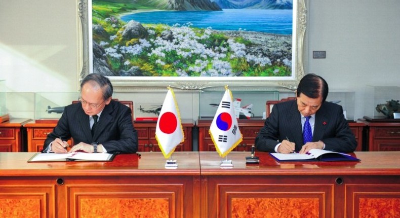 South Korean Defence Minister Han Min-Koo (R) and Japanese Ambassador to Seoul Yasumasa Nagamine sign the General Security of Military Information Agreement in Seoul