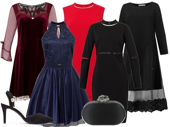 STYLIZACJE na karnawał: sukienki: bordowa, czerwona, granatowa, czarna z rozcięciami – Trynite/trynite.pl, sukienka midi wykończona koronką – Bastet/bastetfashion.pl, clutch bag – Menbur/menbur.pl, szpilki – Menbur/menbur.pl