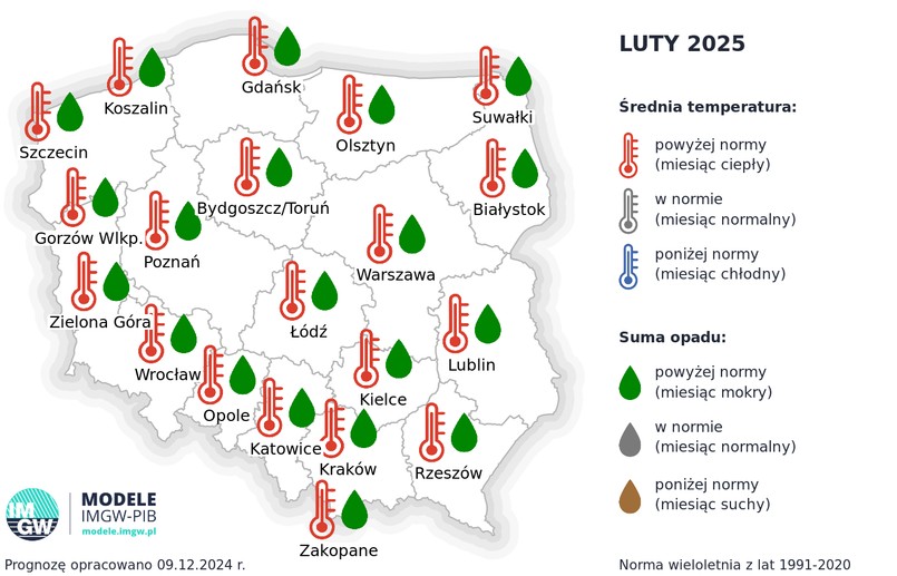 Prognoza średniej miesięcznej temperatury powietrza i miesięcznej sumy opadów atmosferycznych na luty 2025 r. dla wybranych miast w Polsce