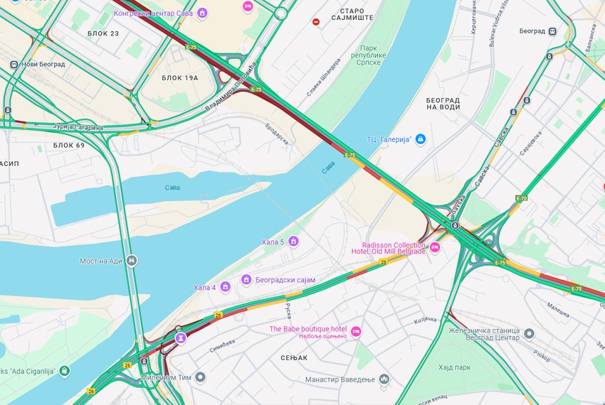 Mapa gužve na Gazeli i oko Beogradskog sajma i Ade Ciganlije