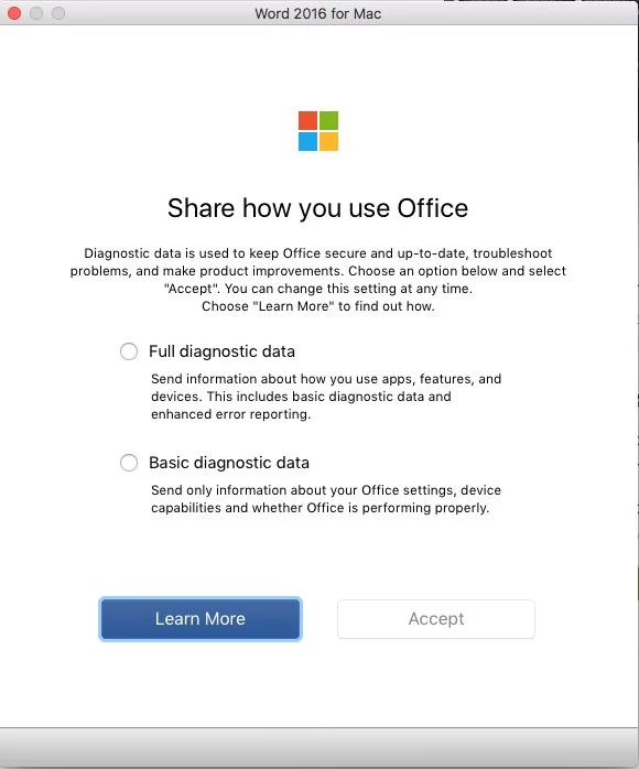 Microsoft Office pyta, jakie dane diagnostyczne ma wysyłać (fot. Primary Technologies)