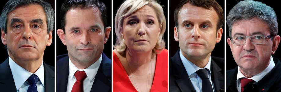 A combination picture shows five candidates for the French 2017 presidential election, Francois Fillon, the Republicans political party candidate, Benoit Hamon, French Socialist party candidate, Marine Le Pen, French National Front (FN) political party leader, Emmanuel Macron, head of the political movement En Marche ! (or Onwards !), Jean-Luc Melenchon, candidate of the French far-left Parti de Gauche, in Paris, France, March 17, 2017.