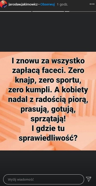 Wpis na Instagramie Jarosława Jakimowicza