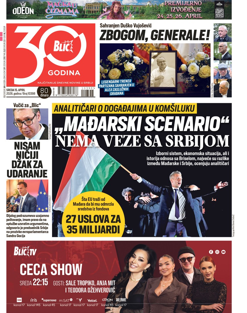 Blic naslovna strana za 15.4.