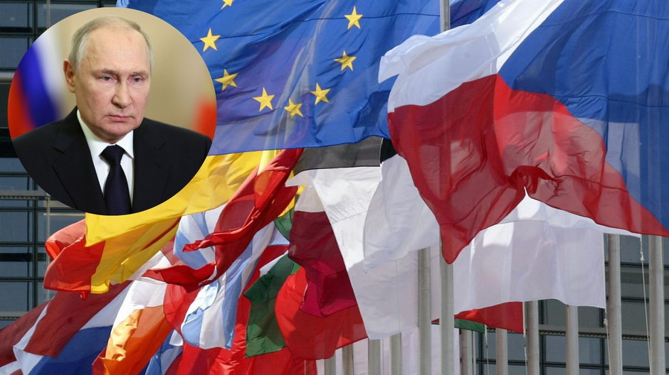 Flaga Unii Europejskiej i 25 krajów członkowskich po przystąpieniu do bloku 10 nowych członków, Strasburg, 4 maja 2004 r.; Prezydent Rosji Władimir Putin wygłasza przemówienie do narodu w Moskwie, 30 września 2023 r. (zdjęcie ilustracyjne)