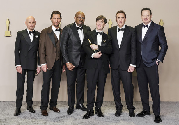 Sir Ben Kingsley, Matthew McConaughey, Forest Whitaker, Cillian Murphy, winner of the Oscar for Best Actor in a Leading Role award for 'Oppenheimer,' Nicolas Cage, and Brendan Fraser in the press room during the 96th annual Academy Awards ceremony at the Dolby Theatre in the Hollywood neighborhood of Los Angeles, California, USA, 10 March 2024.