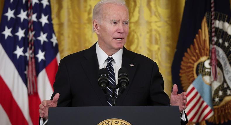 US President Joe Biden speaks during a press conference where he announced Julie Su as his nominee to be the next Secretary of Labor during an event in the East Room of the White House on March 1, 2023, in Washington, DC.Win McNamee/Getty Images