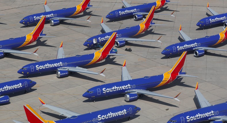 A number of grounded Southwest Airlines Boeing 737 MAX 8 aircraft are shown parked at Victorville Airport in Victorville, California
