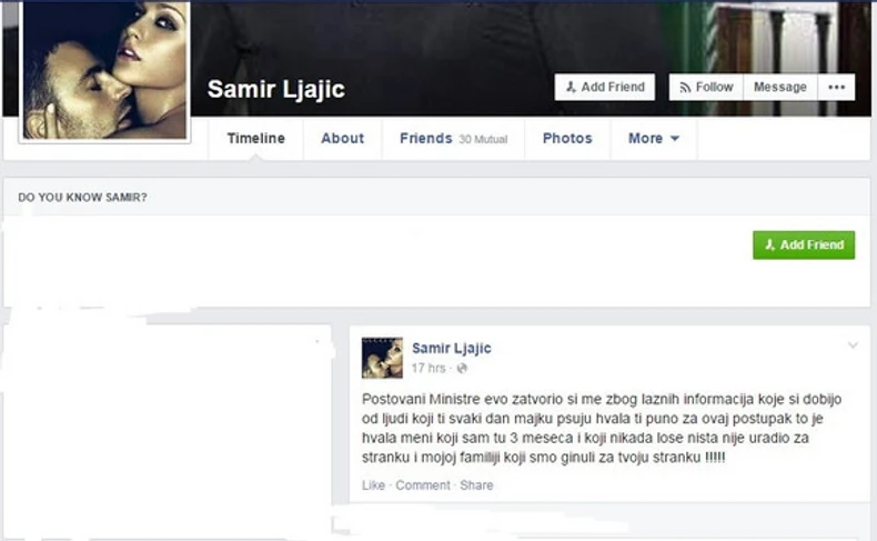 Na Fejsbuku svojevremeno objavio poruku Ljaljiću