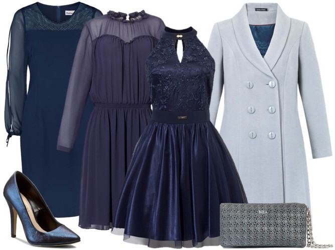 Modne sukienki na jesień 2018; granatowa sukienka- Modern Line/modernline.pl, granatowa sukienka z falbanką przy szyi- Cotton Club/cotton club.pl, granatowa tiulowa sukienka- Trynite/trynite.pl, płaszcz- Dziekański/dziekanski.pl, szpilki- Menbur/menbur.pl, portfel- Boca/boca.pl
