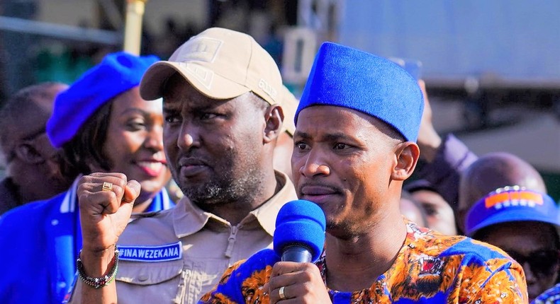 Embakasi East MP Babu Owino and Azimio Secretary-General Junet Mohamed during the final presidential campaign at Kasarani Stadium on August 6, 2022