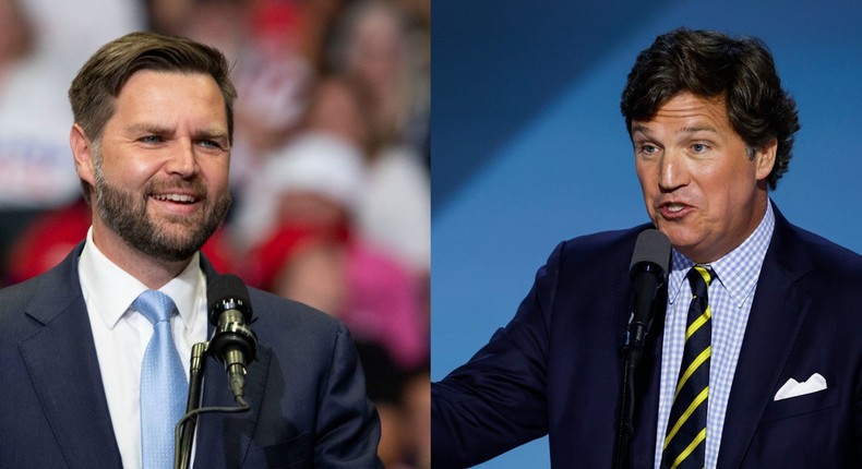 Senator Vance doesn't believe in guilt-by-association cancel culture, a spokesman for the VP candidate said of Carlson.Bill Pugliano and Chip Somodevilla/Getty Images