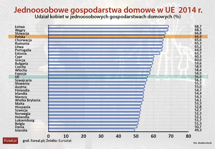 W 2014 roku, jednoosobowe gospodarstwa domowe w UE składały się głównie z kobiet, które stanowiły 56,6 proc. wszystkich takich gospodarstw. Sytuację taką odnotowano w przypadku wszystkich państw członkowskich UE, choć w różnych proporcjach. Udział kobiet w jednoosobowych gospodarstw domowych był szczególnie wysoki na Łotwie (68,7 proc.), na Węgrzech (68,3 proc.) i na Słowacji (66,8 proc.)
<br>
Polki znalazły się  w czołówce zestawienia. W Polsce samotne kobiety tworzyły 66,4 proc. jednoosobowych gospodarstw domowych. Był to czwarty wynik całej w Unii Europejskiej.