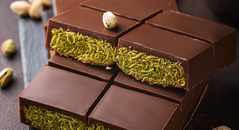 The viral Dubai chocolate bar uses kataifi, shredded phyllo pastry, and creamy pistachios.ROONGZI/Shutterstock