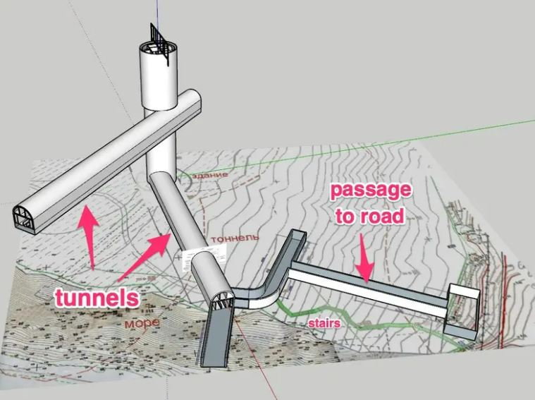 Ten model 3D przedstawia dwa tunele oraz wejście po prawej stronie