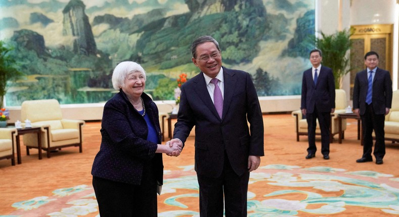 US Treasury Secretary Janet Yellen meets Chinese Premier Li Qiang at the Great Hall of the People in Beijing, China on April 7.Tatan Syuflana/Pool/Reuters