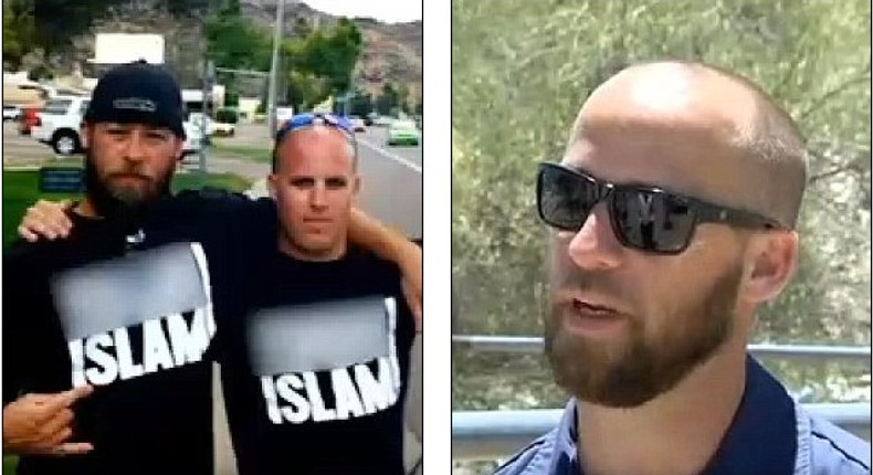 Jason Leger (pictured left with event organizer and right) from Phoenix, Arizona, who wore a t-shirt with 'F*** Islam' written across the front, now says the religion is a 'beautiful thing'.