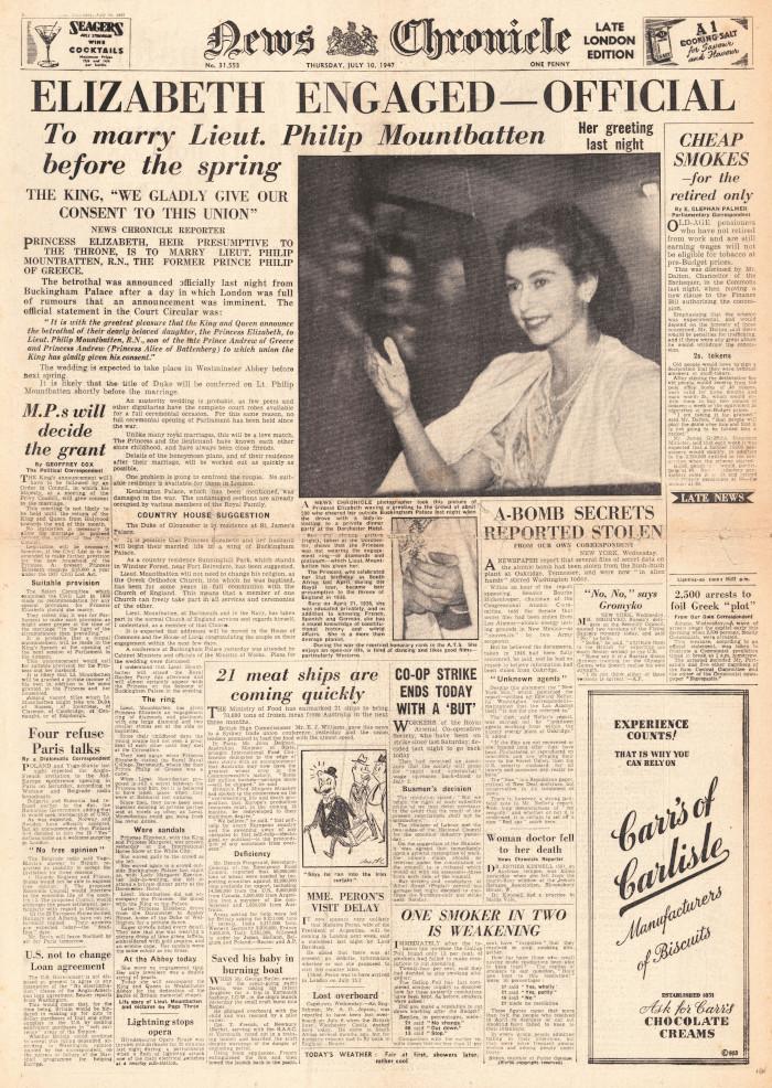 Nagłówek jednej z gazet informujących o zaręczynach Elżbiety i Filipa, 1947 r.