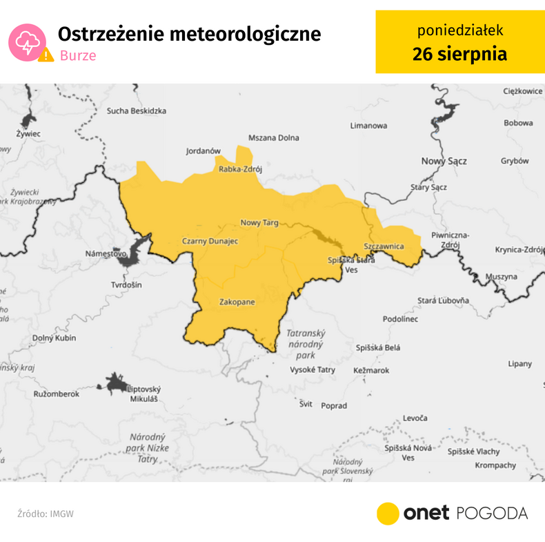 Ostrzeżenia przed burzami obowiązują dziś na Podhalu