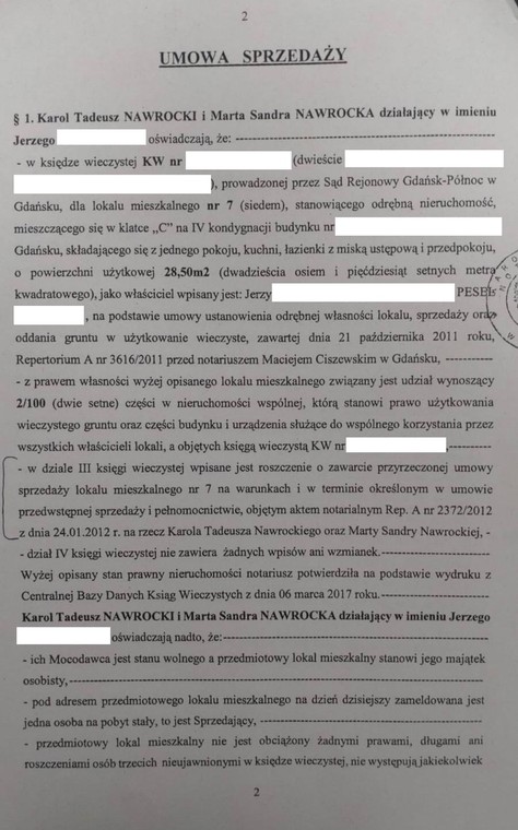 Umowa sprzedaży mieszkania Jerzego Ż Marcie i Karolowi Nawrockim z 2017 r.