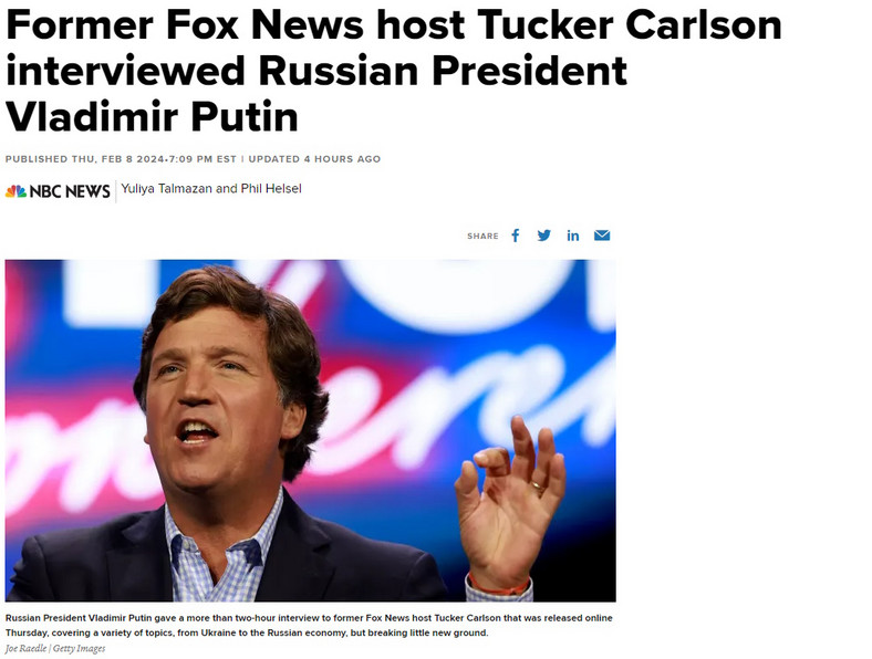 "Były dziennikarz Fox News Tucker Carlson przeprowadził wywiad z Władimirem Putinem"