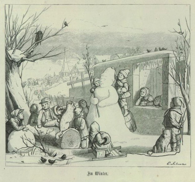 Ilustracja z 1867 r. przedstawiająca bałwana otoczonego dziećmi — domena publiczna