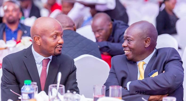 Kiambu gubernatorial candidate Moses Kuria with Kenya Kwanza presidential running mate Rigathi Gachagua during Kuria's manifesto launch on May 28, 2022