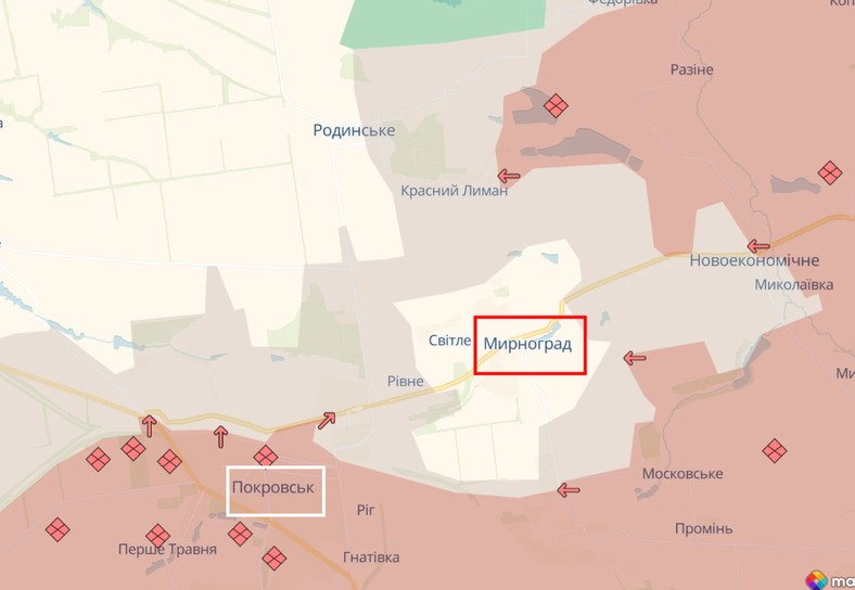 Ukraińska mapa od DeepState okolic Mirnogradu.