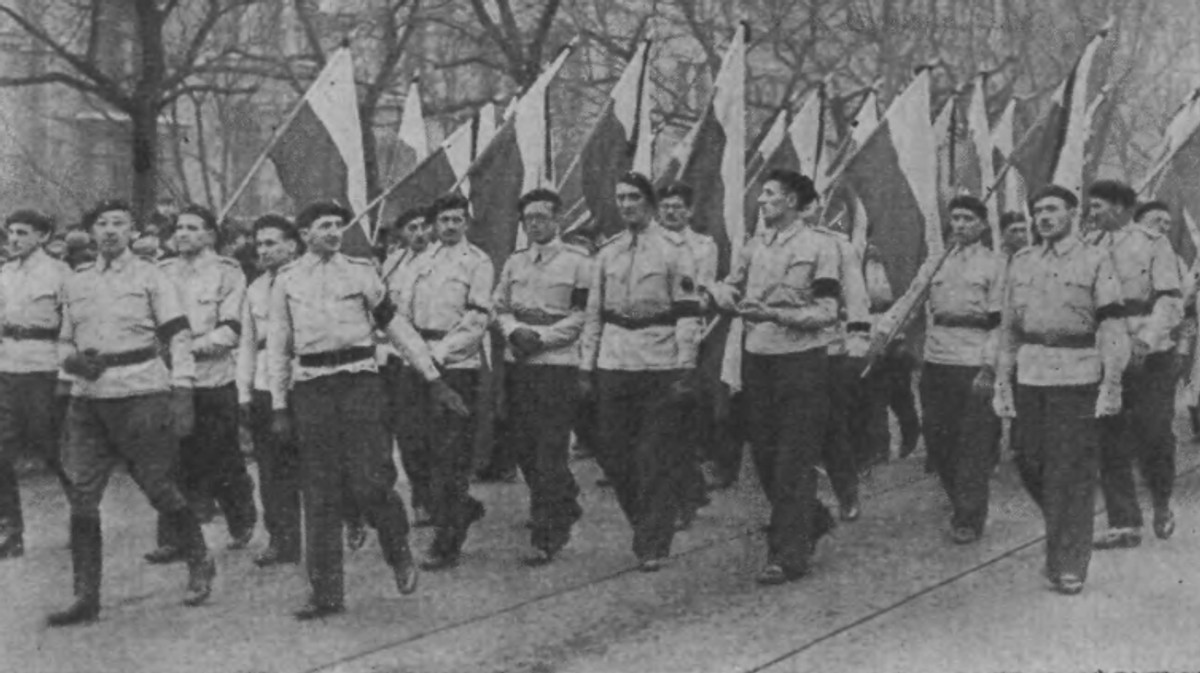 Członkowie Stronnictwa Narodowego podczas pogrzebu Romana Dmowskiego. Warszawa 1939 r. (Domena Publiczna)