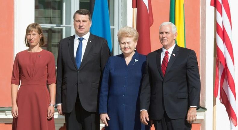 L-R: Estonian President Kersti Kaljulaid, Latvia's President Raimonds Vejonis, Lithuania's President Dalia Grybauskaite and US Vice-President Mike Pence (R) pose in Tallinn, Estonia, on July 31, 2017