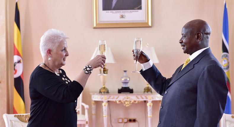 US-ambassador-to-Uganda-Deborah-Malac-makes-a-toasts-with-President-Museveni-at-State-House-recently
