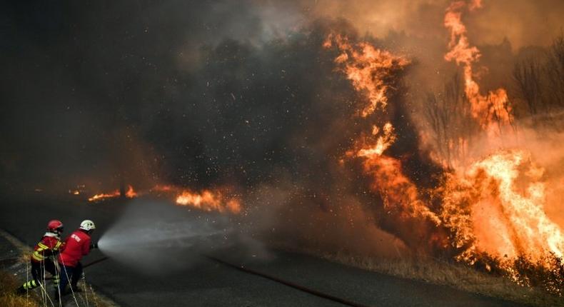 Firefighter tackle a wildfire close to the village of Pucarica in Abrantes on August 10, 2017