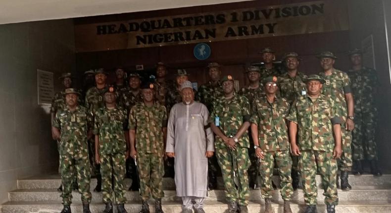 Minister of Defence, Alhaji Mohammed Badaru, inspecting guard of honour during operational visit to 1 Division Nigerian Army on Thursday in Kaduna [NAN]