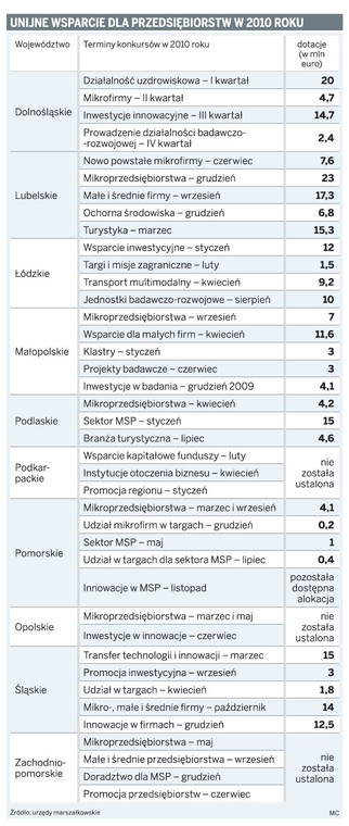 Unijne wsparcie dla przedsiębiorstw w 2010 roku