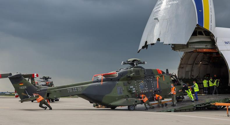 A Bundeswehr NH90 helicopter is unloaded in Germany during redeployment from Afghanistan in May 2021.Jan Woitas/picture alliance via Getty Images