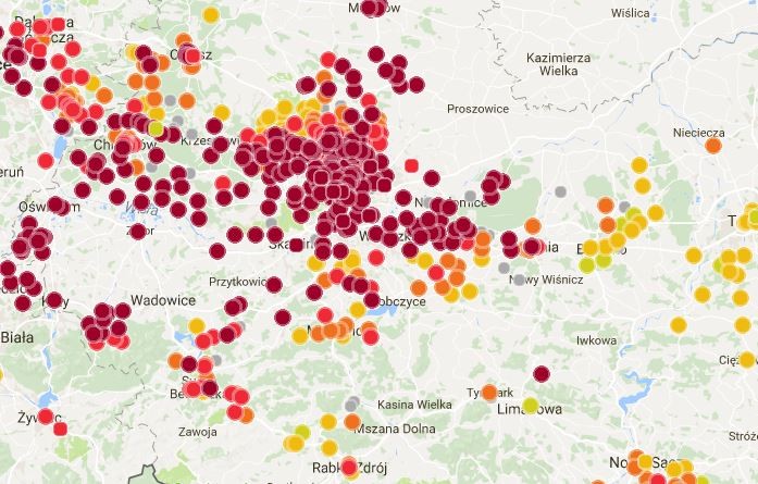 Mapa smogowa południa Polski (na bordowo zaznaczone najbardziej zanieczyszczone miejscowości)