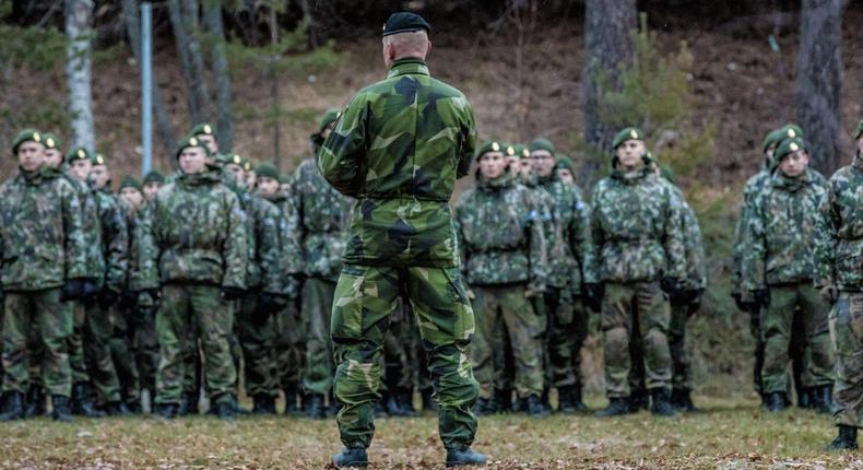 Finnish military personnel at a training grounds in Sweden, October 27, 2018