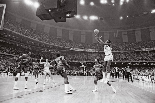 NEW LEGEND Michael Jordan takes what is to be the winning basket in the 1982 national championship game versus the Georgetown Hoyas