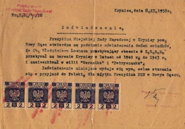 Zaświadczenie Prezydium Miejskiej Rady Narodowej w Krynicy z 8 listopada 1958 roku o miejscu pobytu Włodzimierza Łohazy-Łozińskiego w latach 1940-1943 (źródło: archiwum Natalii Łagozy).