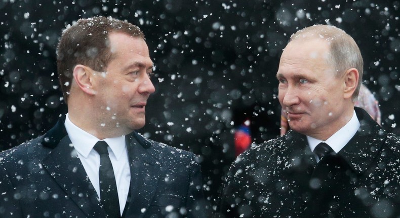 Russian President Vladimir Putin and then-Prime Minister Dmitry Medvedev in Moscow, Russia, Thursday, Feb. 23, 2017.