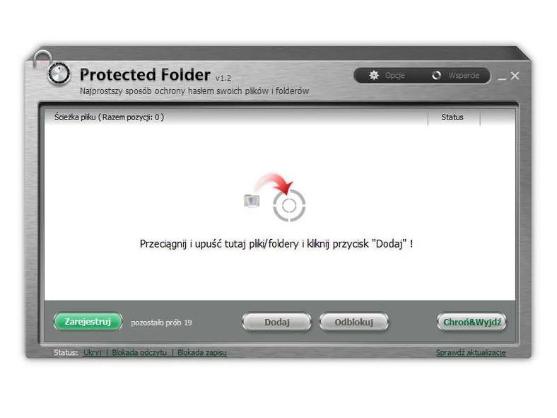 Główne okno programu do ochrony prywatności - Protected Folder