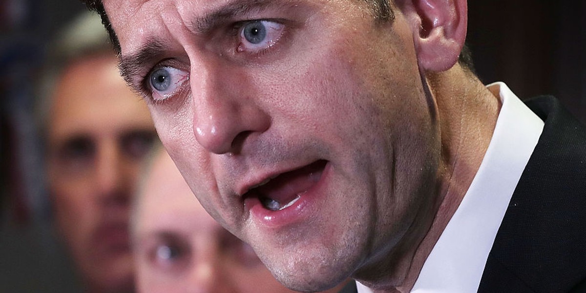 Speaker of the House Rep. Paul Ryan speaks as House Majority Leader Rep. Kevin McCarthy looks on,