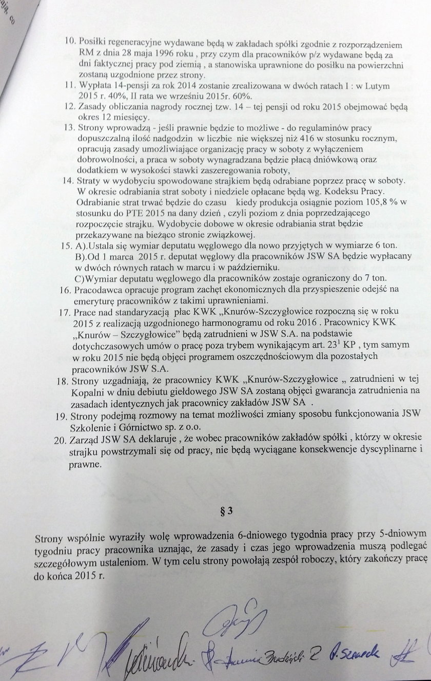 Porozumienie podpisane przez  związkowców i członków zarządu JSW