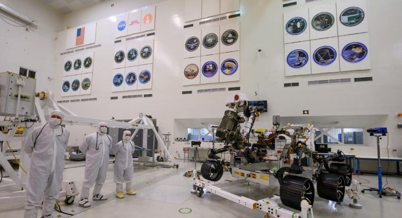 The Mars 2020 rover's driving equipment was given its first test inside a large, sterile room at the Jet Propulsion Laboratory in Pasadena, near Los Angeles