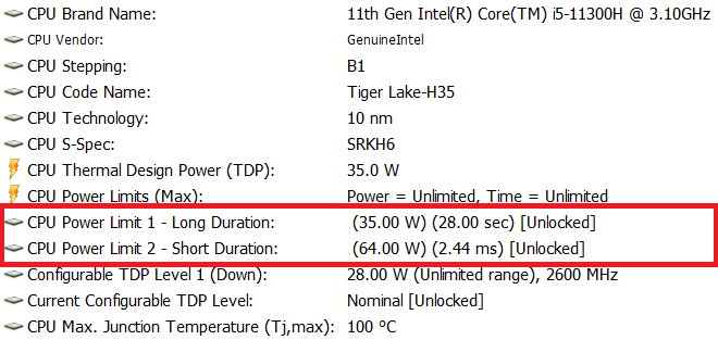 Acer Swift 3 (SF316-51) – konfiguracja limitów mocy procesora Intel Core i5-11300H